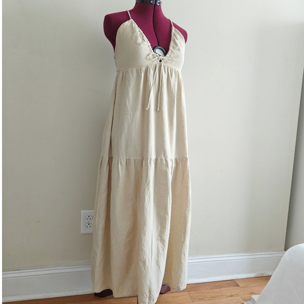 Sim & Sam Womens Beige Linen Blend Tiered Maxi Dress Boho Smocked Back Small